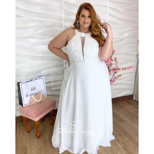 Vestido Plus Size Branco Gola Alta Busto Em Renda E Brilho