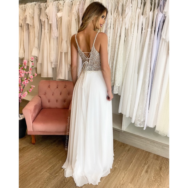 VESTIDO BORDADO BRANCO CORPETE PERÓLAS E SAIA FLUÍDA