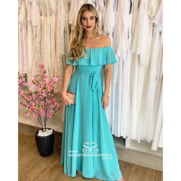 VESTIDO VERDE TIFFANY OMBRO A OMBRO LISO CINTO