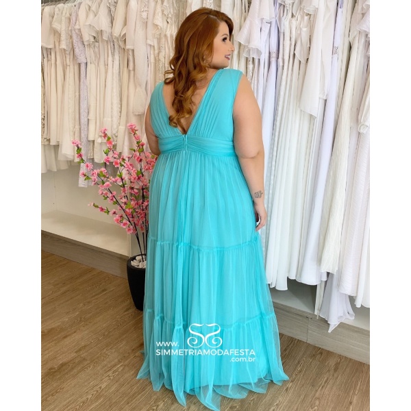 VESTIDO PLUS SIZE VERDE TIFFANY EM TULE SAIA TRÊS MARIAS