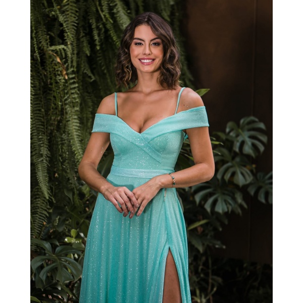 Vestido Verde Tiffany Ombro A Ombro Em Lurex