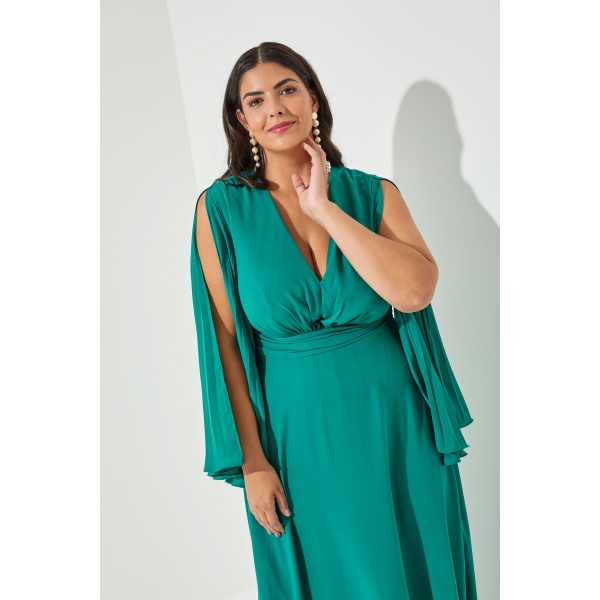 VESTIDO PLUS SIZE VERDE ESMERALDA DECOTE V COM MANGA LONGA PLISSADO