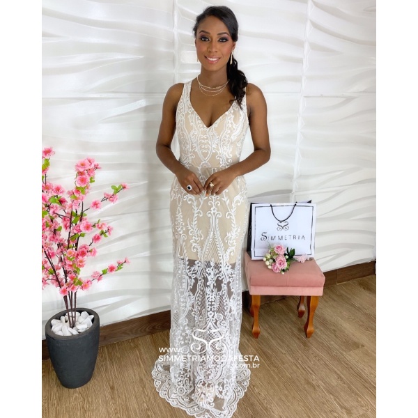 Vestido Branco Com Nude Sereia Com Transpar Ncia Na Saia E Nas Costas