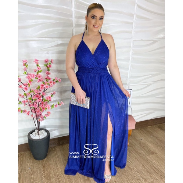 Vestido Azul Royal Com Alcinhas E Cintura Tran Ada