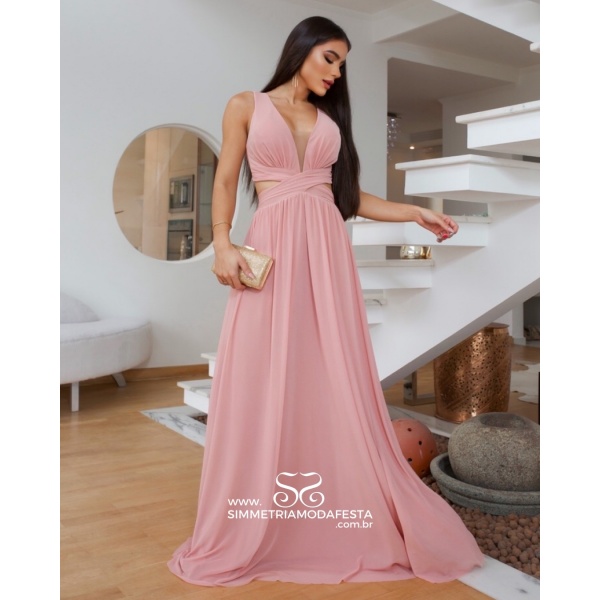 Vestido RosÉ Costas Amarrar Com Abertura Lateral E ElÁstico Na Cintura 3669