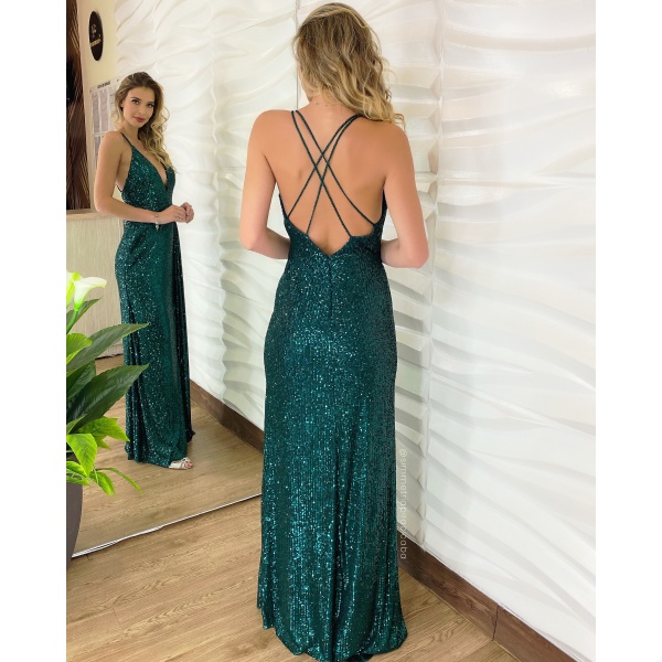 Vestido Verde Esmeralda Semi Sereia Com Fenda E AlÇa MacramÊ Em PaetÊs 