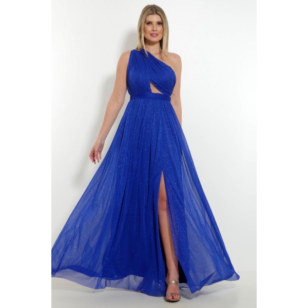 Vestido Azul Royal Ombro S Com Transpar Ncia Na Cintura Em Lurex