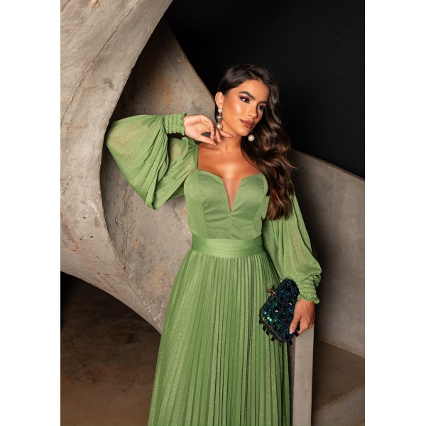 Vestido Verde Oliva Manga Longa Com Saia Plissada E El Stico No Punho Em Lurex