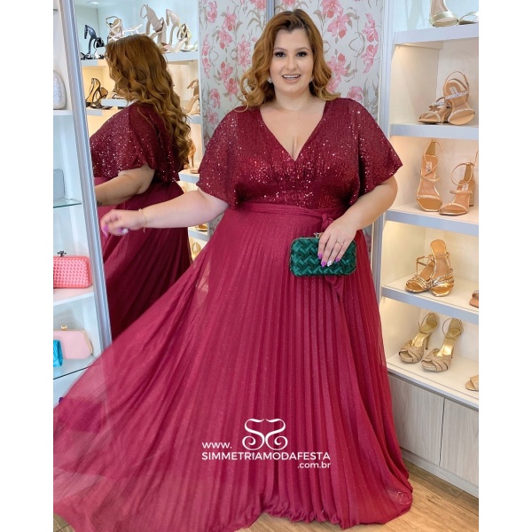 Vestido Plus Size Marsala Busto PaetÊs Com Saia Plissada Em Lurex 4699